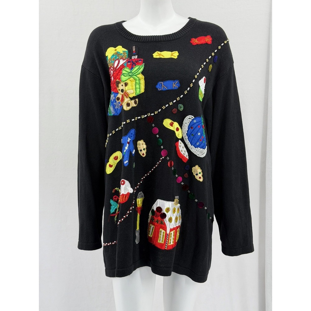 Vintage Victoria Woman Sweater 3X Black Christmas‎ Gifts Gingerbread Ugly Party